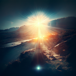 a mountain with the sun setting causing lens flare in the photo